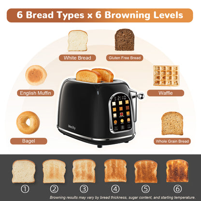 Mecity Toaster 2 Slice, Touch Screen Wide Slot Retro Toaster For Breads Bagel Muffin Waffle, House Warming Gift New Home, 120V 825W, Jet Black