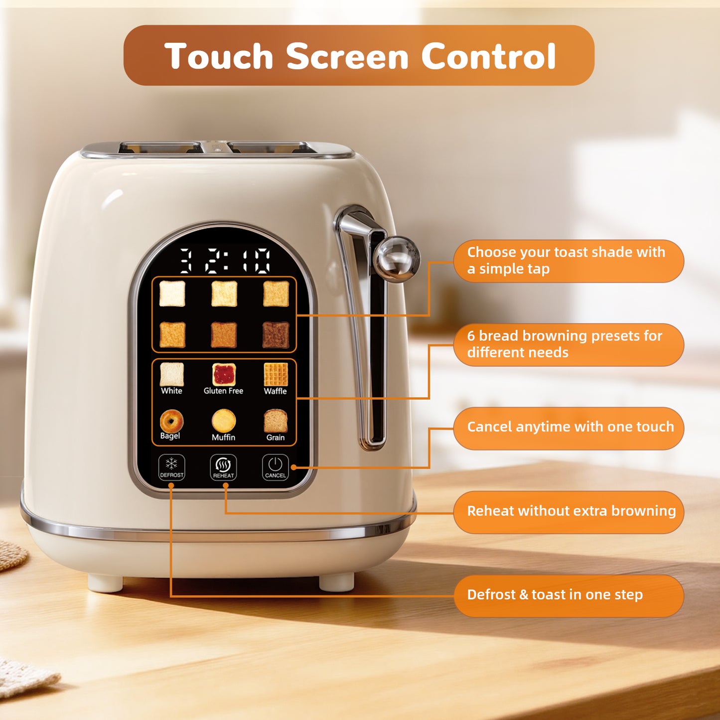 Mecity Toaster 2 Slice, Touch Screen Wide Slot Retro Toaster For Breads Bagel Muffin Waffle, House Warming Gift New Home, 120V 825W, Cream Color