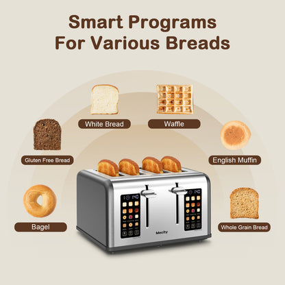 Mecity 4-Slice Touchscreen Toaster, Stainless Steel, Countdown Timer, 6 Browning & Shade Settings, 4 Wide Slots, Reheat/Cancel/Defrost Functions, Removable Crumb Tray, Gray