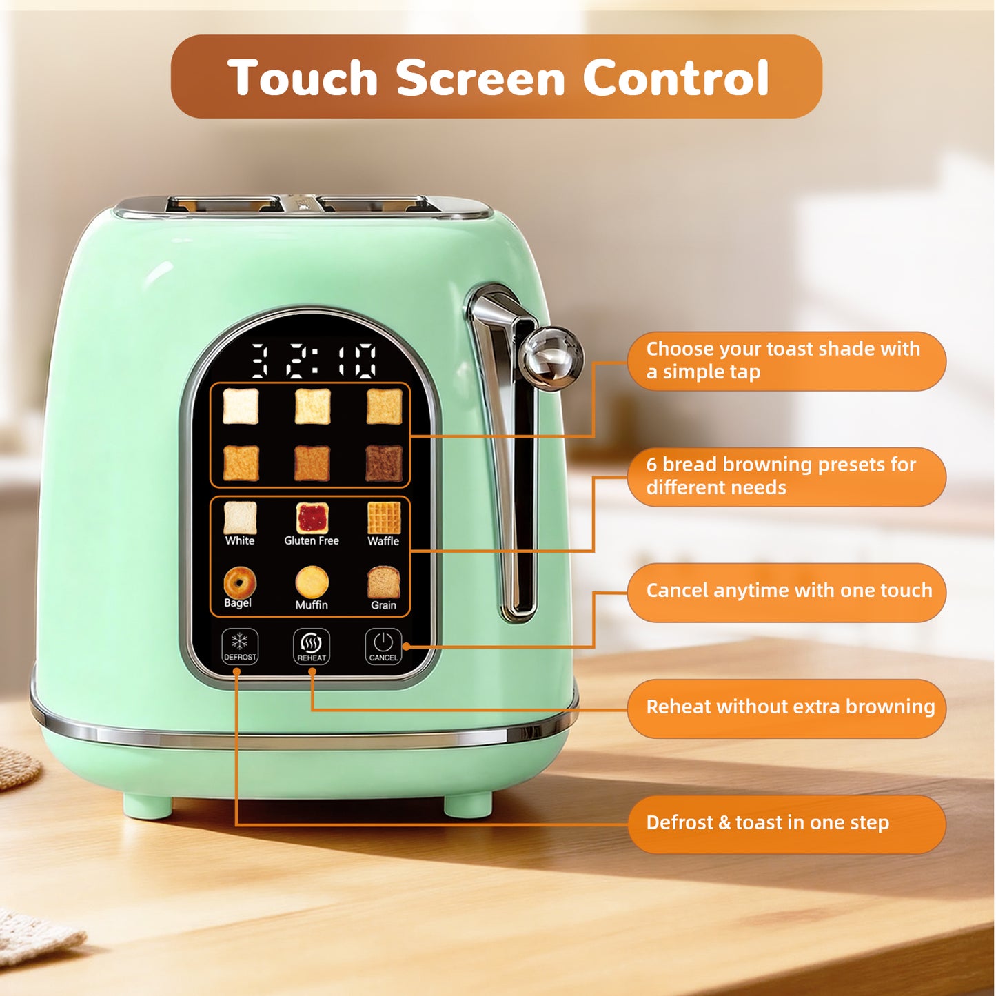 Mecity Smart Touch Screen Toaster 2 Slice, Retro Wide Slot Stainless Steel Toaster with 6 Browning Levels, Reheat & Defrost, for Bagel, Toast, Bread, Removable Crumb Tray, Green