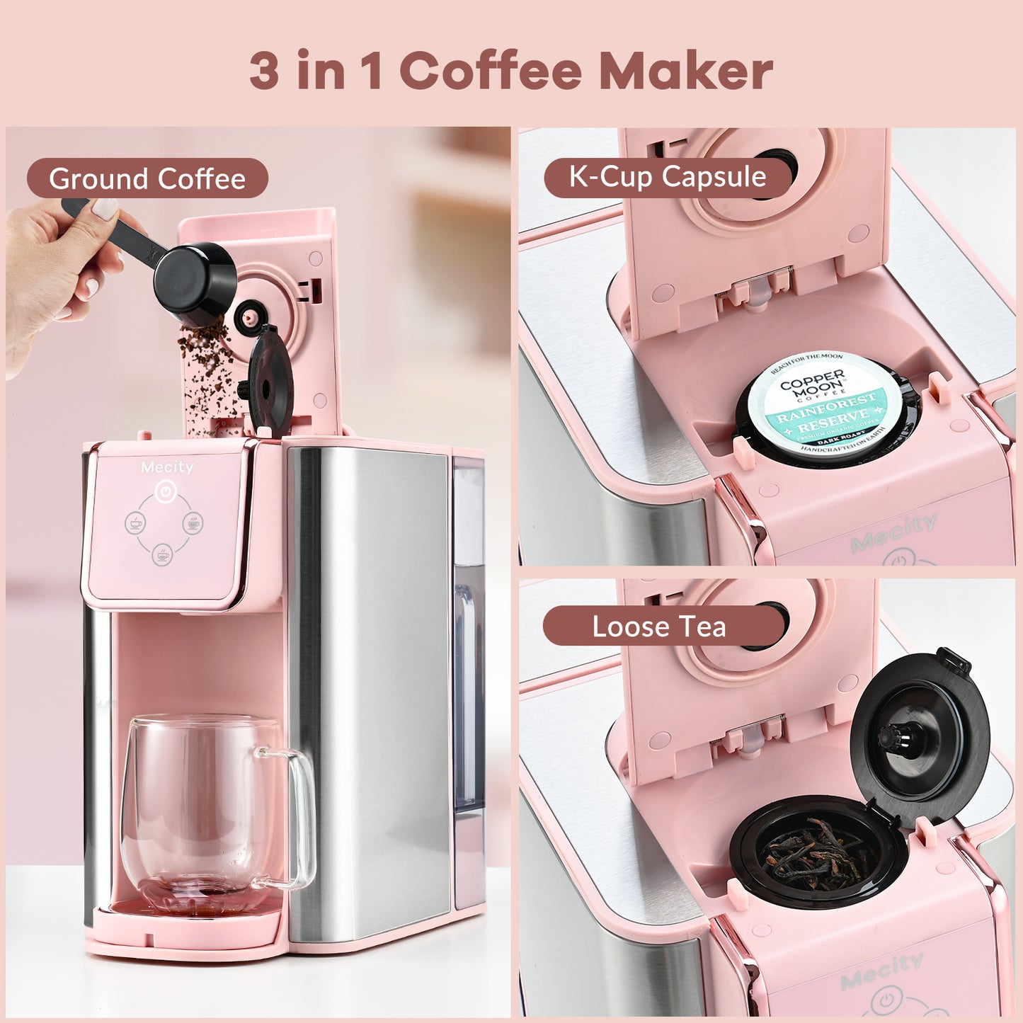 Mecity Pink Coffee Maker 3-in-1 Single Serve Coffee Machine, For K-Cup Coffee Capsule, Ground Coffee, Loose Tea, 6 to 10 Ounce Cup, Removable 50 Oz Water Reservoir, 120V 1150W