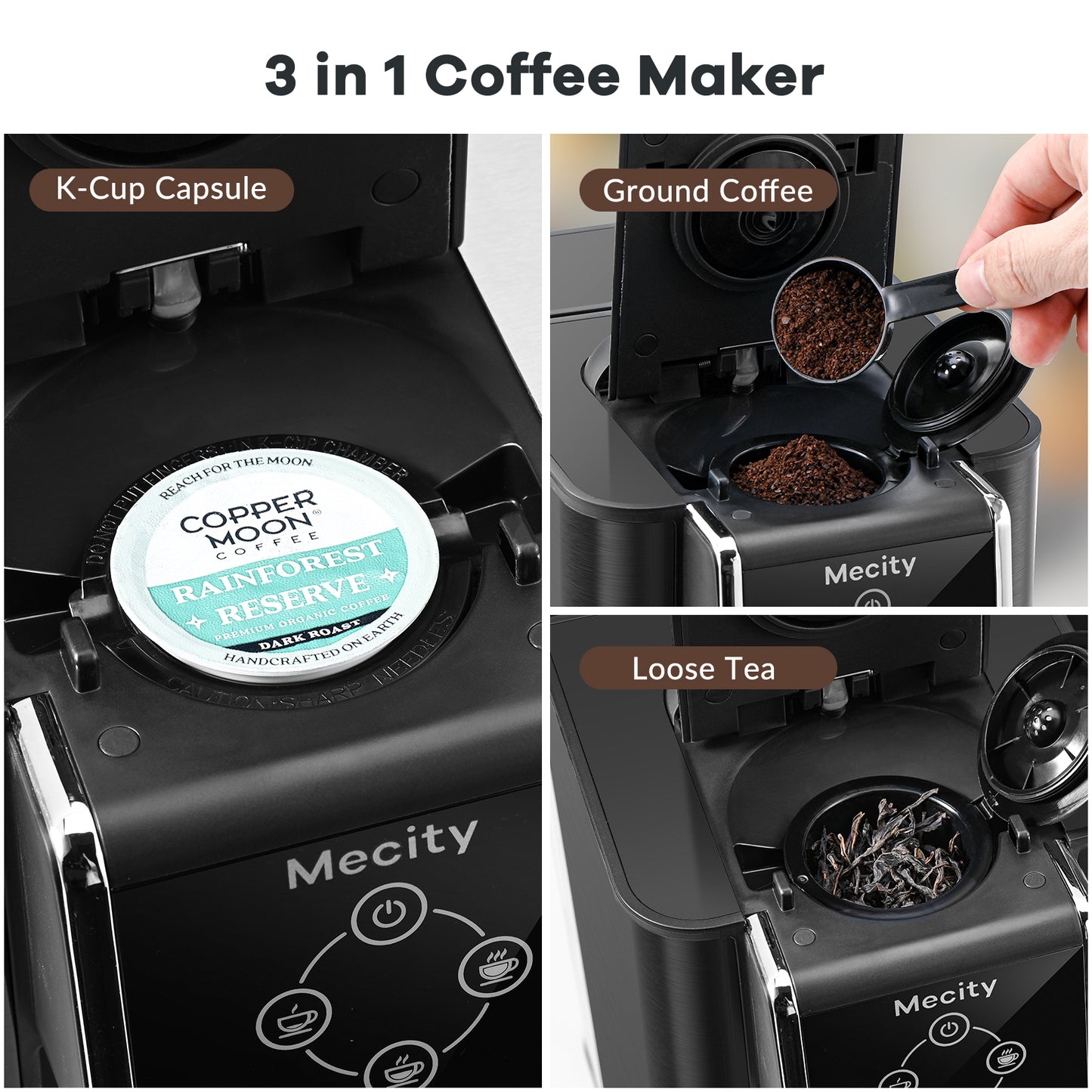 Mecity Coffee Maker 3 in 1 Single Serve Coffee Machine, Compatible with K cup Capsules, Instant Coffee Pot, Tea maker, 6,8,10 Oz Cup, Removable 50 Oz Water Reservoir, 120V 1150W,Metallic Grey