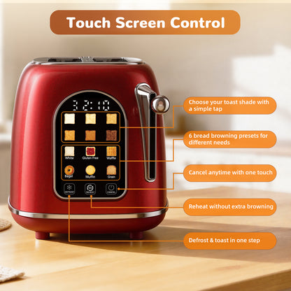 Mecity Toaster 2 Slice, Touch Screen Wide Slot Retro Toaster For Breads Bagel Muffin Waffle, House Warming Gift New Home, 120V 825W, Red
