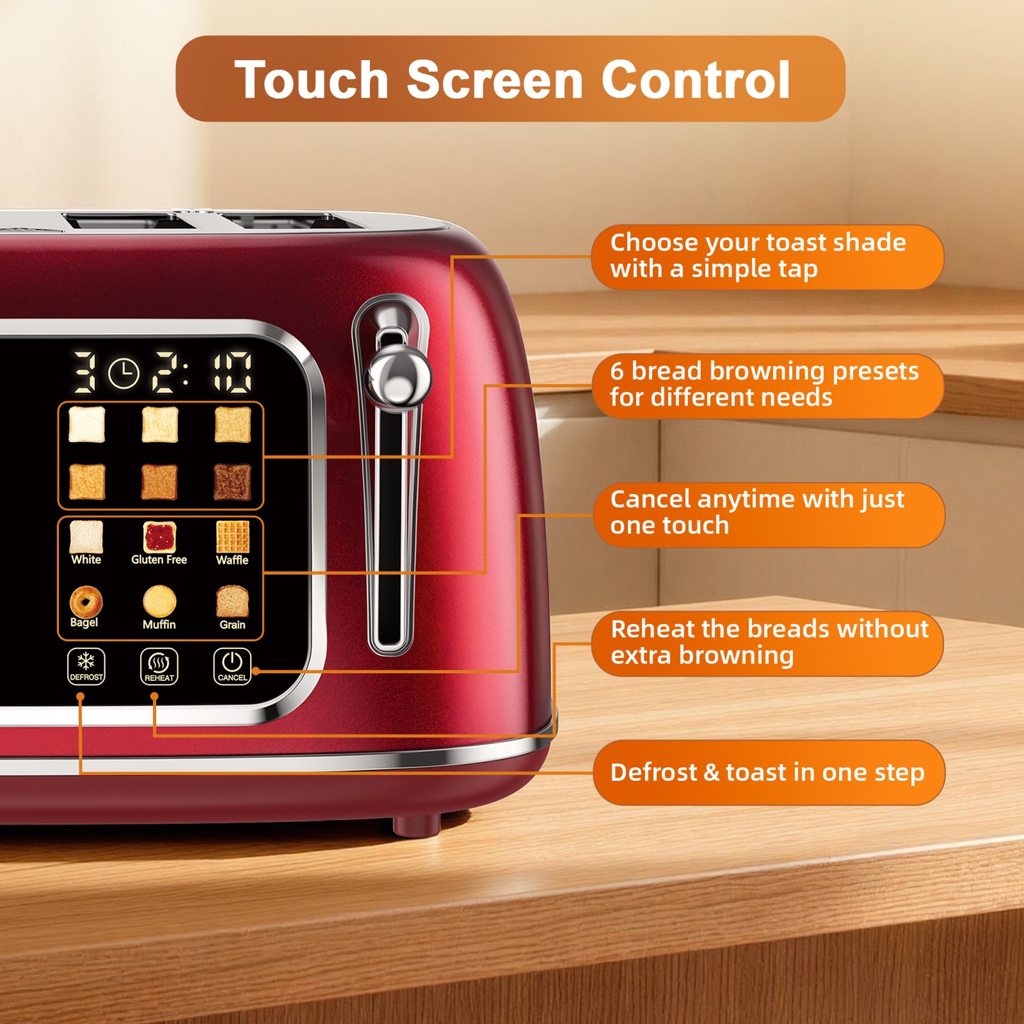 Mecity 4-Slice Touchscreen Toaster, Retro Stainless Steel Wide Slots Toaster, 6 Browning Settings, Large Digital Display, 120V 1650W, Red