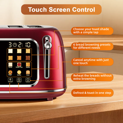 Mecity 4-Slice Touchscreen Toaster, Retro Stainless Steel Wide Slots Toaster, 6 Browning Settings, Large Digital Display, 120V 1650W, Red