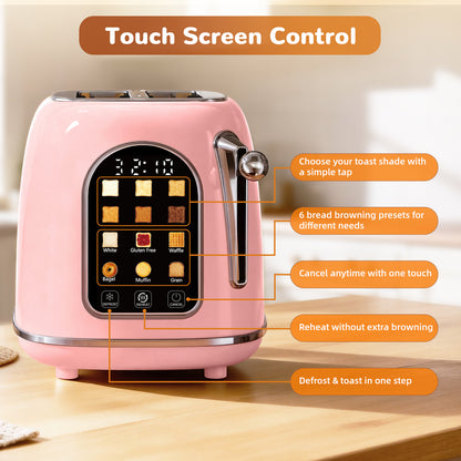 Mecity Smart Touch Screen Toaster 2 Slice, Retro Wide Slot Stainless Steel Toaster with 6 Browning Levels, Reheat & Defrost, for Bagel, Toast, Bread, Removable Crumb Tray, Pink