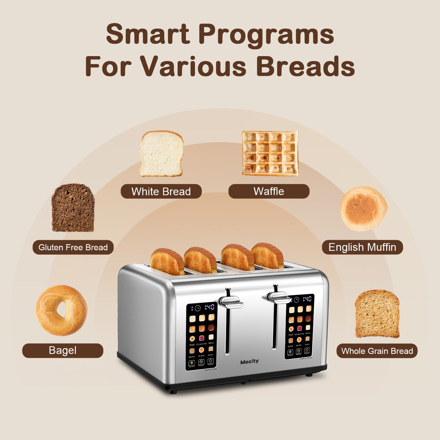 Mecity Touchscreen 4-Slice Toaster with Countdown Timer, Stainless Steel Bread Toaster, 6 Browning & 6 Shade Settings, 4 Wide Slots with Reheat, Cancel, and Defrost Functions, Removable Tray