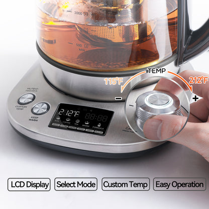 Mecity Tea Kettle Electric Tea Pot with Removable Infuser, 9 Preset Brewing Programs Tea Maker with Temprature Control, 2 Hours keep Warm, 1.7 Liter Electric Kettles, 1200W, Glass and Stainless Steel