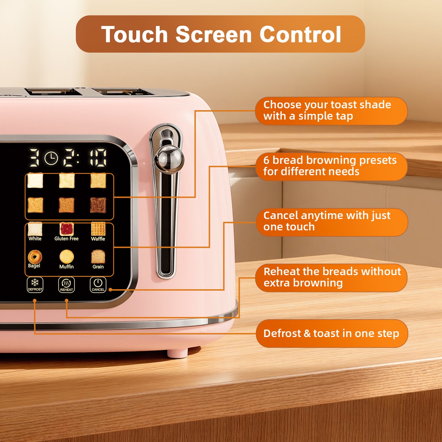 Mecity 4-Slice Touchscreen Toaster, Retro Stainless Steel Wide Slots Toaster, 6 Browning Settings, Large Digital Display, 120V 1650W, Pink