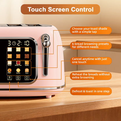 Mecity 4-Slice Touchscreen Toaster, Retro Stainless Steel Wide Slots Toaster, 6 Browning Settings, Large Digital Display, 120V 1650W, Pink