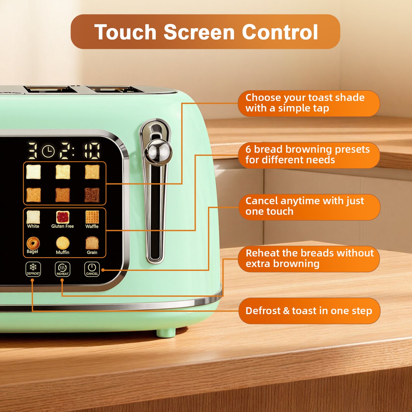 Mecity 4-Slice Touchscreen Toaster, Retro Stainless Steel Wide Slots Toaster, 6 Browning Settings, Large Digital Display, 120V 1650W, Light Green
