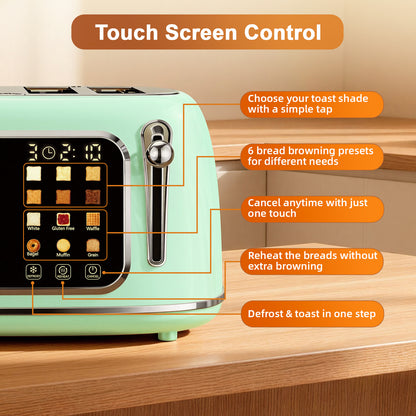 Mecity 4-Slice Touchscreen Toaster, Retro Stainless Steel Wide Slots Toaster, 6 Browning Settings, Large Digital Display, 120V 1650W, Light Green