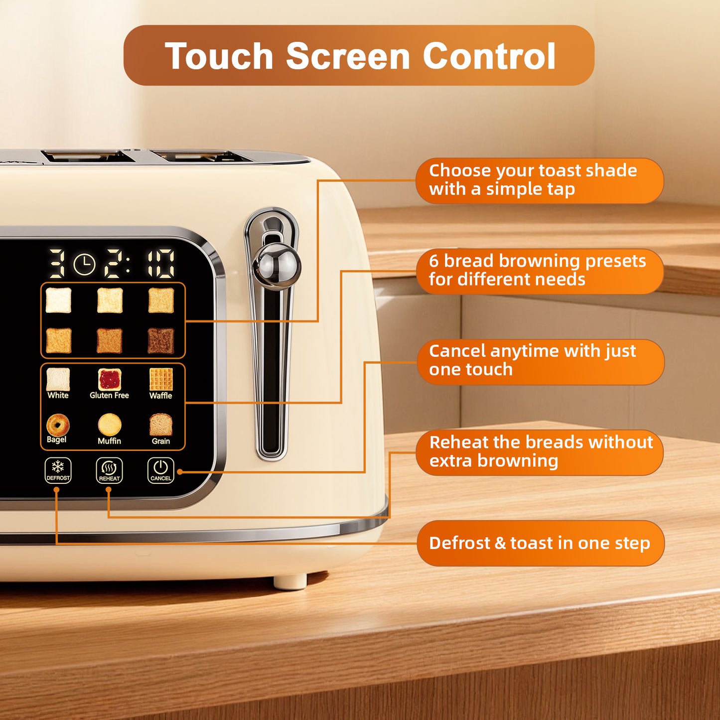 Mecity 4-Slice Touchscreen Toaster, Retro Stainless Steel Wide Slots Toaster, 6 Browning Settings, Large Digital Display, 120V 1650W, Cream Color
