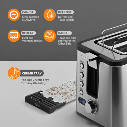 Mecity Toaster 2 Slice Stainless Steel Toaster Countdown Timer, Bagel / Defrost / Reheat / Cancel Functions,Warming Rack, Removable Crumb Tray, 6 Browning Settings, Extra Wide Long Slots, Bread Toaster, 800 Watts