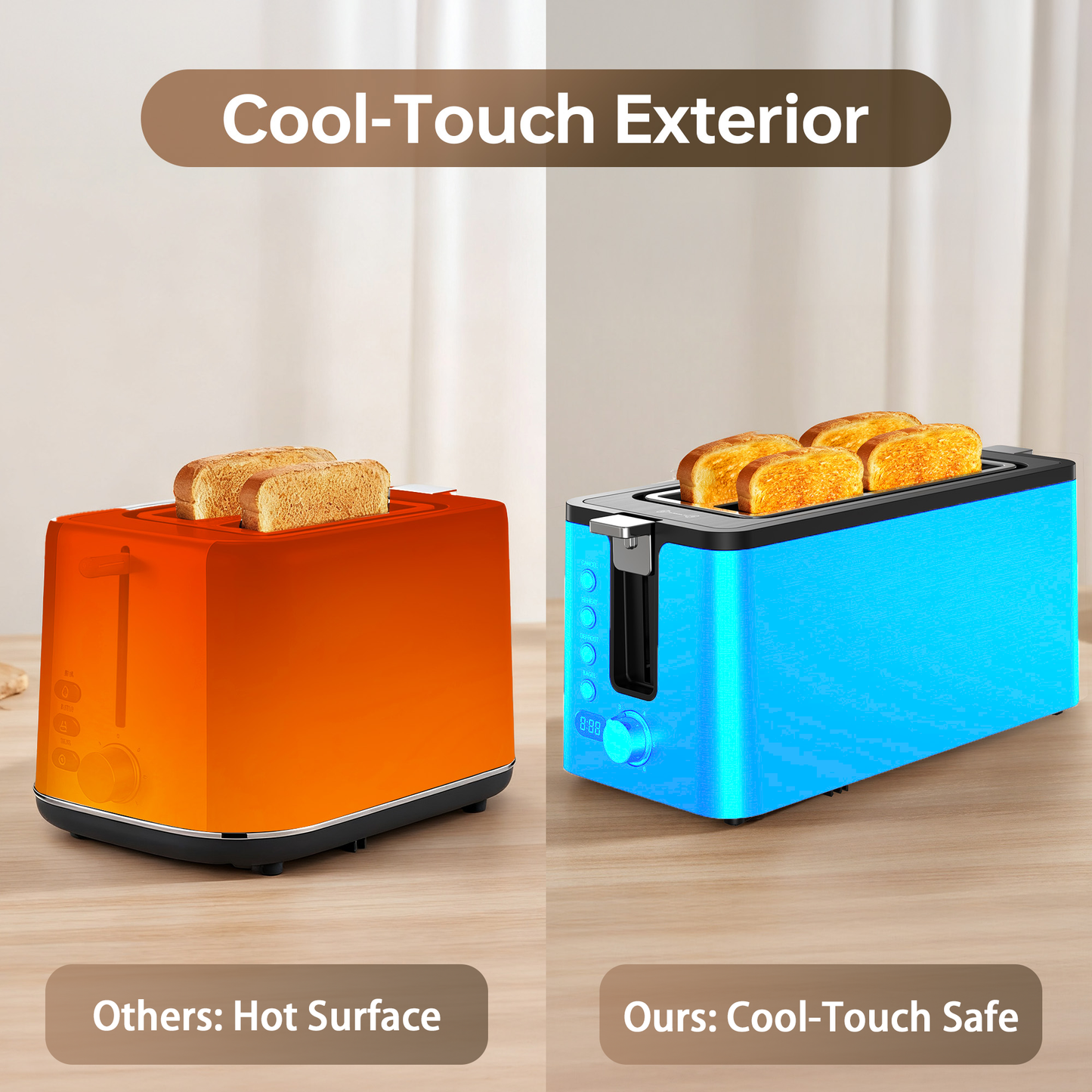 Mecity 4 Slice Long Slot Toaster with Countdown Timer, Bagel/Defrost/Reheat, Warming Rack, 6 Browning Levels, Metallic Grey