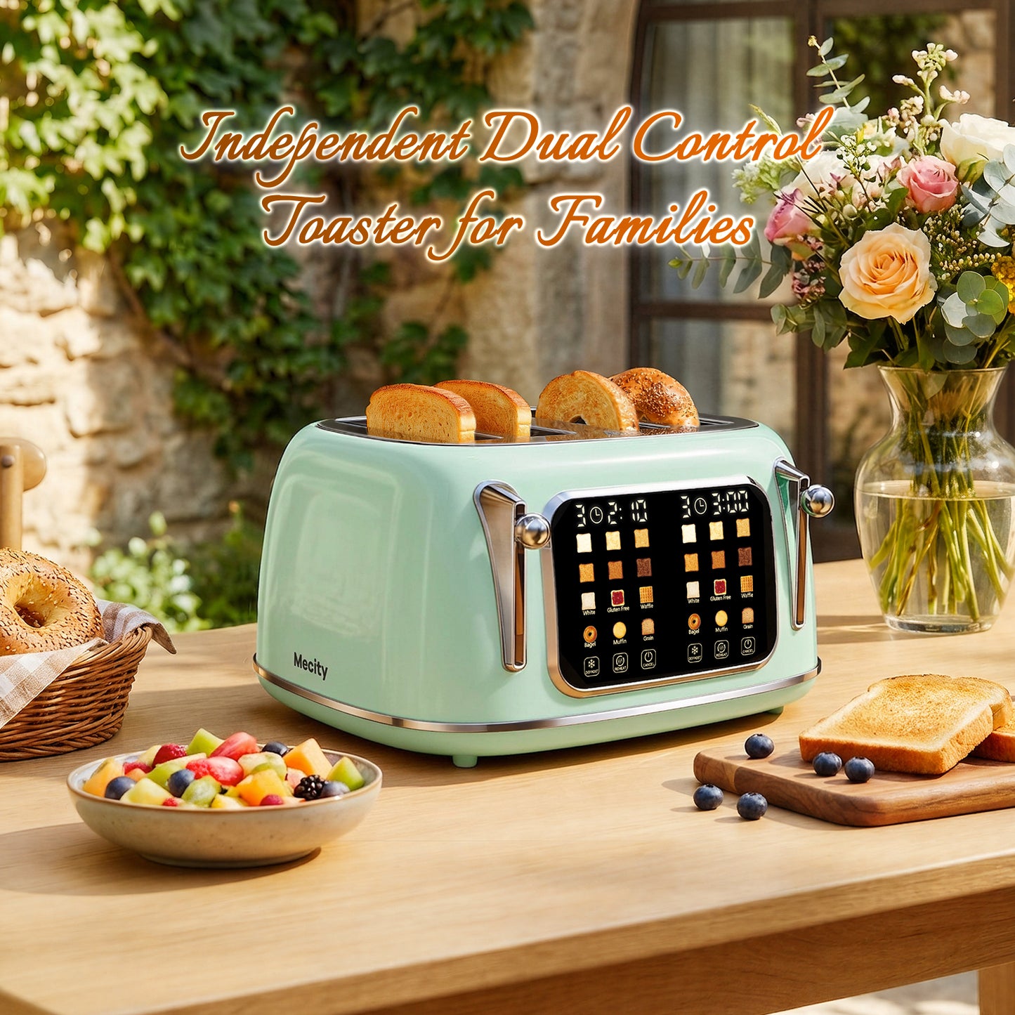 Mecity 4-Slice Touchscreen Toaster, Retro Stainless Steel Wide Slots Toaster, 6 Browning Settings, Large Digital Display, 120V 1650W, Light Green