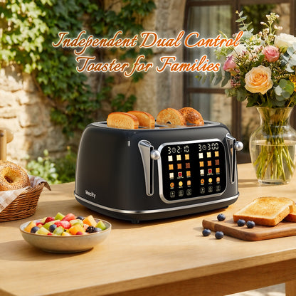 Mecity 4-Slice Touchscreen Toaster, Retro Stainless Steel Wide Slots Toaster, 6 Browning Settings, Large Digital Display, 120V 1650W, Black
