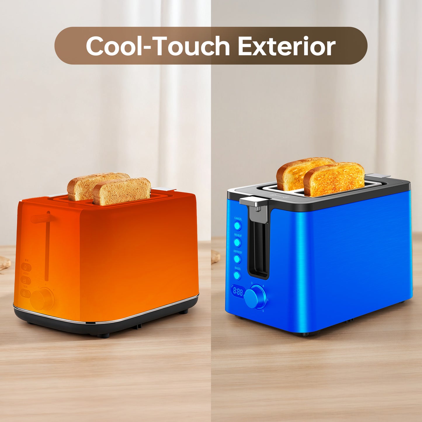 Mecity 2 Slice Stainless Steel Toaster with Countdown Timer, Bagel/Defrost/Reheat/Cancel, Warming Rack, Extra Wide Slots, 6 Browning Settings, Metallic Grey