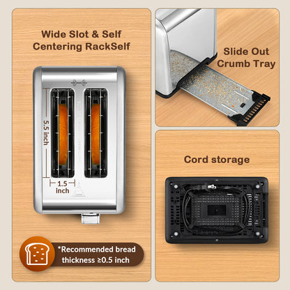 Mecity Touchscreen Toaster 2 Slice with Countdown Timer, Stainless Steel Bread Toaster, 6 Browning & 6 Shade Settings, 2 Wide Slots Toaster with Reheat, Cancel, Defrost Functions, Removable Tray