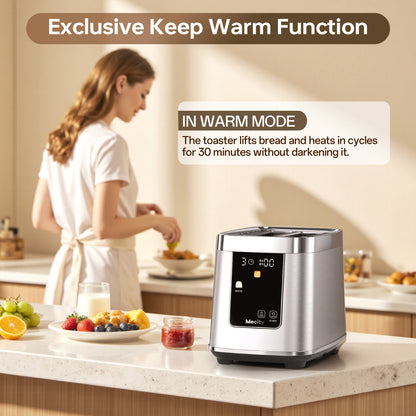 Mecity Touch Screen Toaster with Automatic Lift & Keep Warm – 2 Slice Smart Toaster, 5 Browning Levels, 8 Bread Programs, Luxury Stainless Steel Design, 1200W, Silver