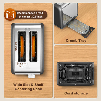Mecity 2-Slice Touchscreen Toaster, Stainless Steel, Countdown Timer, 6 Shade Settings, Wide Slots, Reheat/Defrost/Cancel Functions, Removable Crumb Tray, Gray