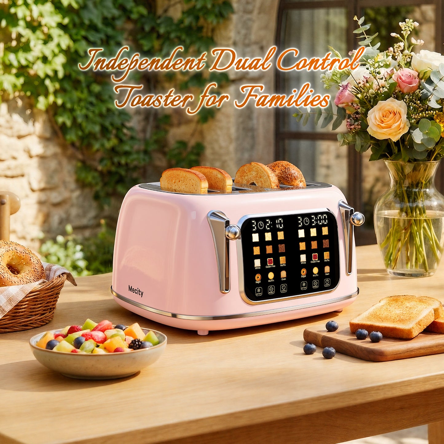 Mecity 4-Slice Touchscreen Toaster, Retro Stainless Steel Wide Slots Toaster, 6 Browning Settings, Large Digital Display, 120V 1650W, Pink