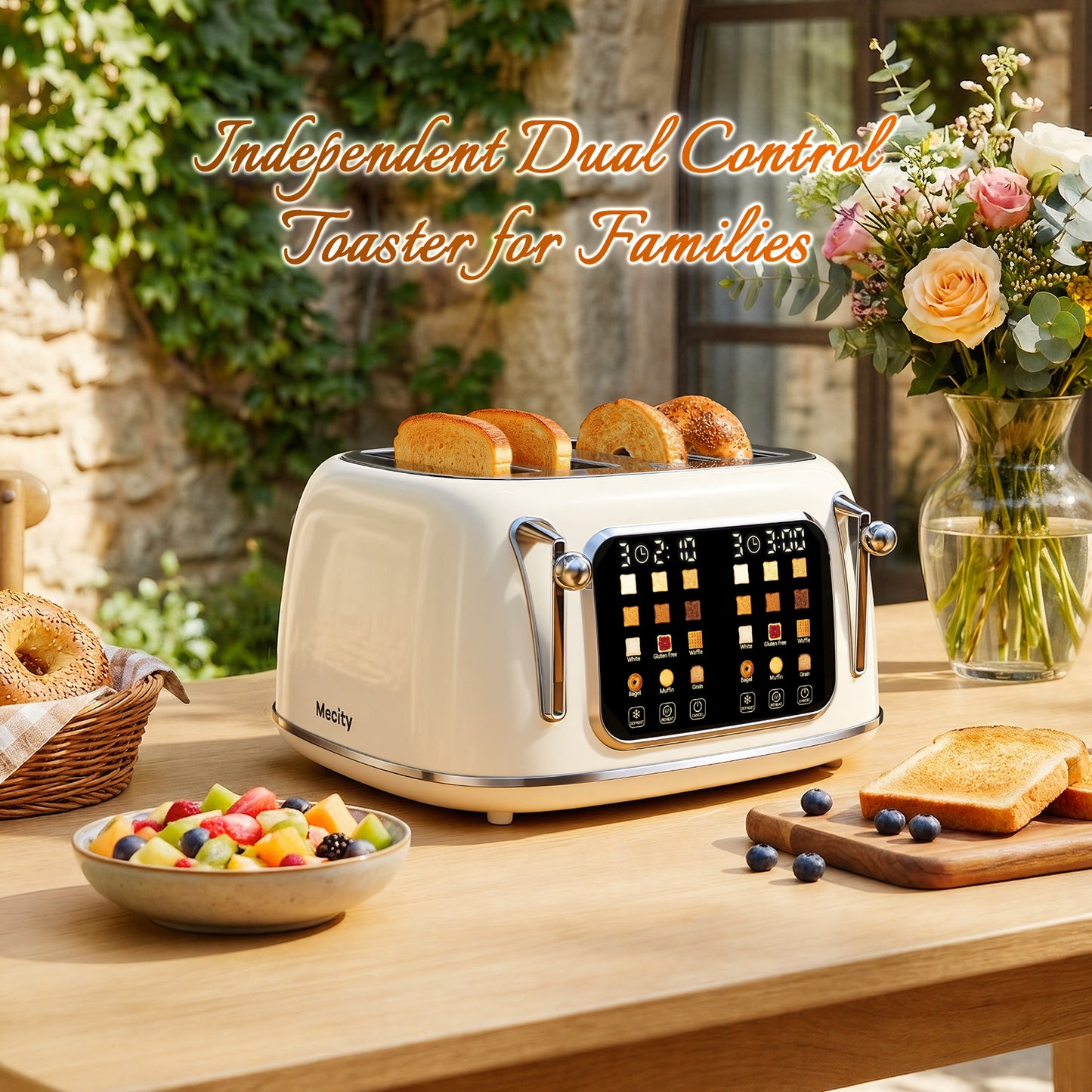 Mecity 4-Slice Touchscreen Toaster, Retro Stainless Steel Wide Slots Toaster, 6 Browning Settings, Large Digital Display, 120V 1650W, Cream Color