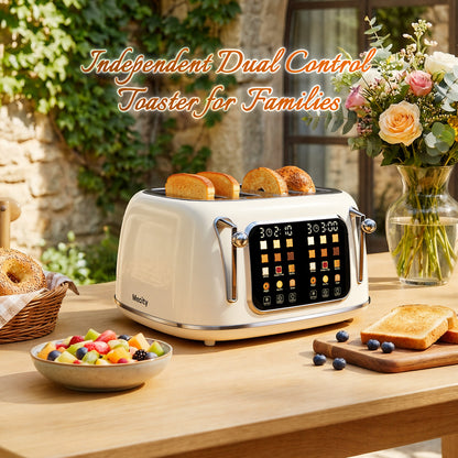 Mecity 4-Slice Touchscreen Toaster, Retro Stainless Steel Wide Slots Toaster, 6 Browning Settings, Large Digital Display, 120V 1650W, Cream Color