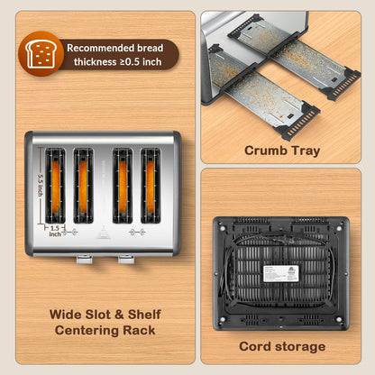 Mecity 4-Slice Touchscreen Toaster, Stainless Steel, Countdown Timer, 6 Browning & Shade Settings, 4 Wide Slots, Reheat/Cancel/Defrost Functions, Removable Crumb Tray, Gray