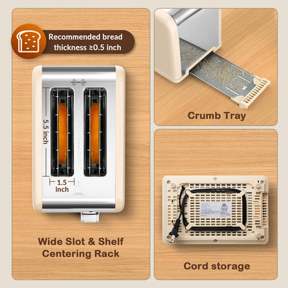 Mecity 2-Slice Touchscreen Toaster, Stainless Steel, Countdown Timer, 6 Shade Settings, Wide Slots, Reheat/Defrost/Cancel Functions, Removable Crumb Tray, White