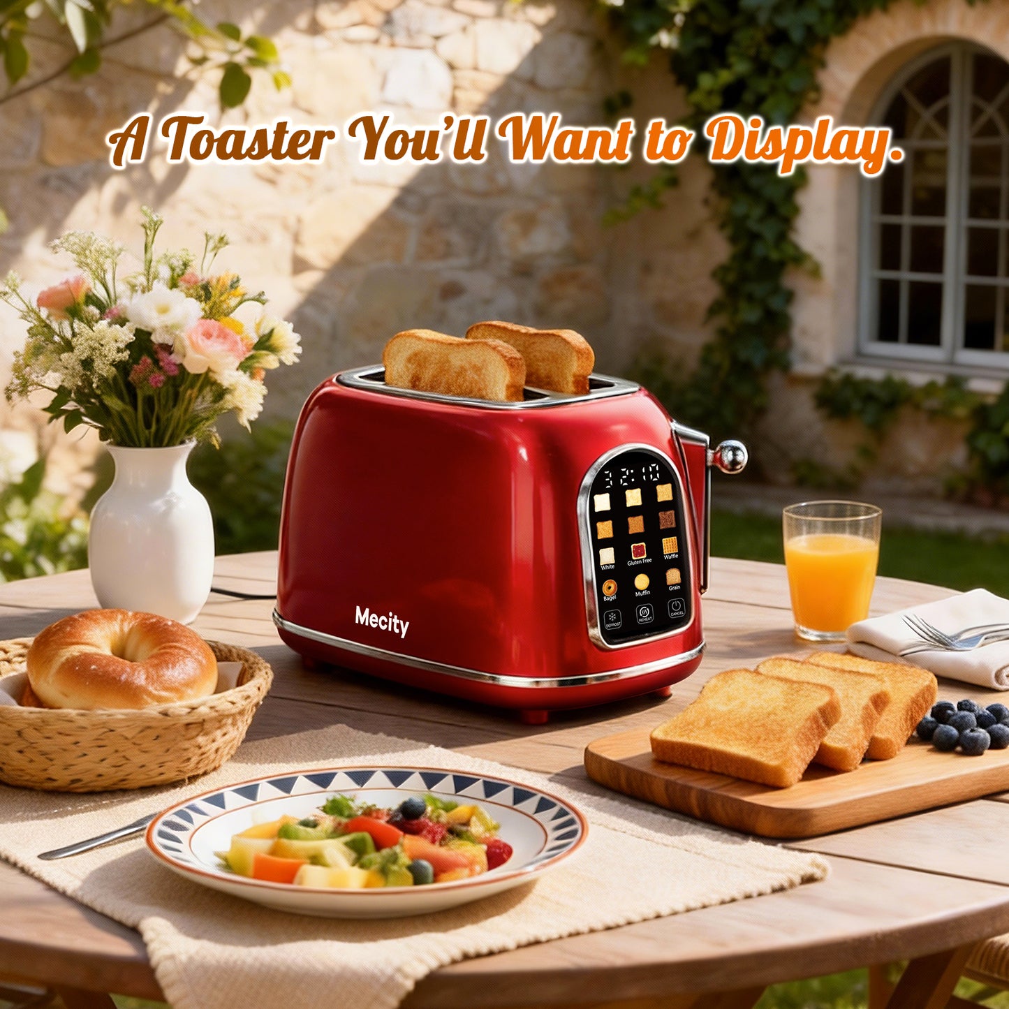 Mecity Toaster 2 Slice, Touch Screen Wide Slot Retro Toaster For Breads Bagel Muffin Waffle, House Warming Gift New Home, 120V 825W, Red