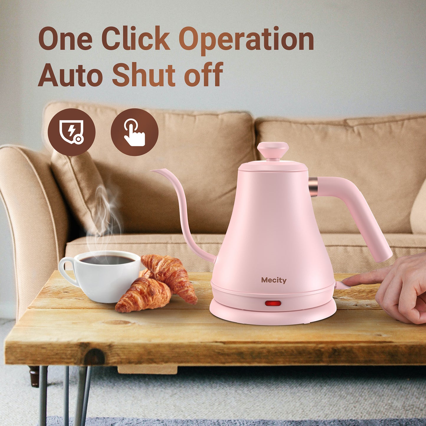 Mecity Electric Kettle Gooseneck Water Kettle Stainless Steel Coffee & Tea Kettle Water Boiler Fast Heating, Auto Shut Off, 0.8 L, 1000W, Pink
