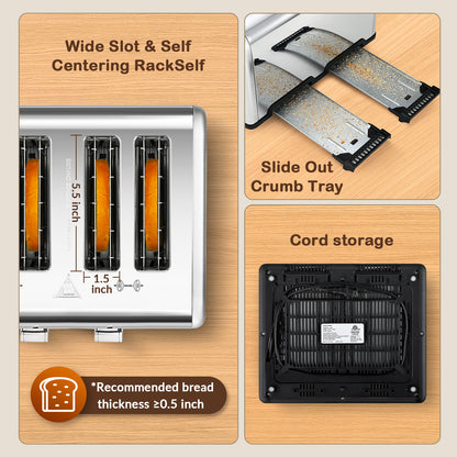 Mecity Touchscreen 4-Slice Toaster with Countdown Timer, Stainless Steel Bread Toaster, 6 Browning & 6 Shade Settings, 4 Wide Slots with Reheat, Cancel, and Defrost Functions, Removable Tray