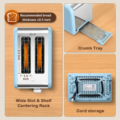 Mecity 2-Slice Touchscreen Toaster, Stainless Steel, Countdown Timer, 6 Shade Settings, Wide Slots, Reheat/Defrost/Cancel Functions, Removable Crumb Tray, Blue