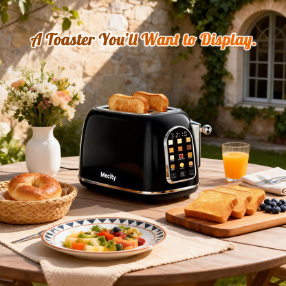 Mecity Toaster 2 Slice, Touch Screen Wide Slot Retro Toaster For Breads Bagel Muffin Waffle, House Warming Gift New Home, 120V 825W, Jet Black