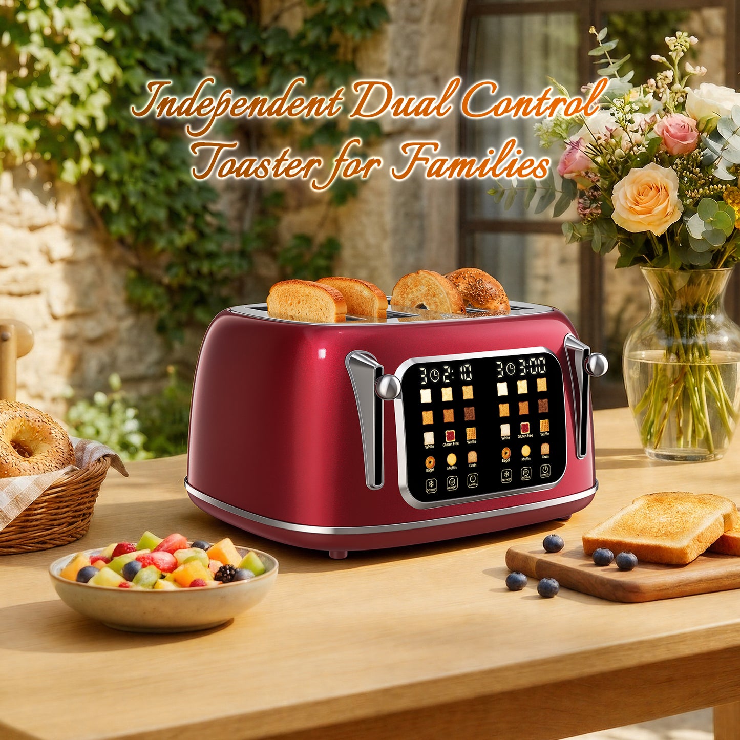 Mecity 4-Slice Touchscreen Toaster, Retro Stainless Steel Wide Slots Toaster, 6 Browning Settings, Large Digital Display, 120V 1650W, Red