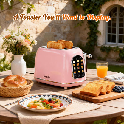 Mecity Smart Touch Screen Toaster 2 Slice, Retro Wide Slot Stainless Steel Toaster with 6 Browning Levels, Reheat & Defrost, for Bagel, Toast, Bread, Removable Crumb Tray, Pink