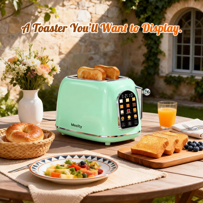 Mecity Smart Touch Screen Toaster 2 Slice, Retro Wide Slot Stainless Steel Toaster with 6 Browning Levels, Reheat & Defrost, for Bagel, Toast, Bread, Removable Crumb Tray, Green