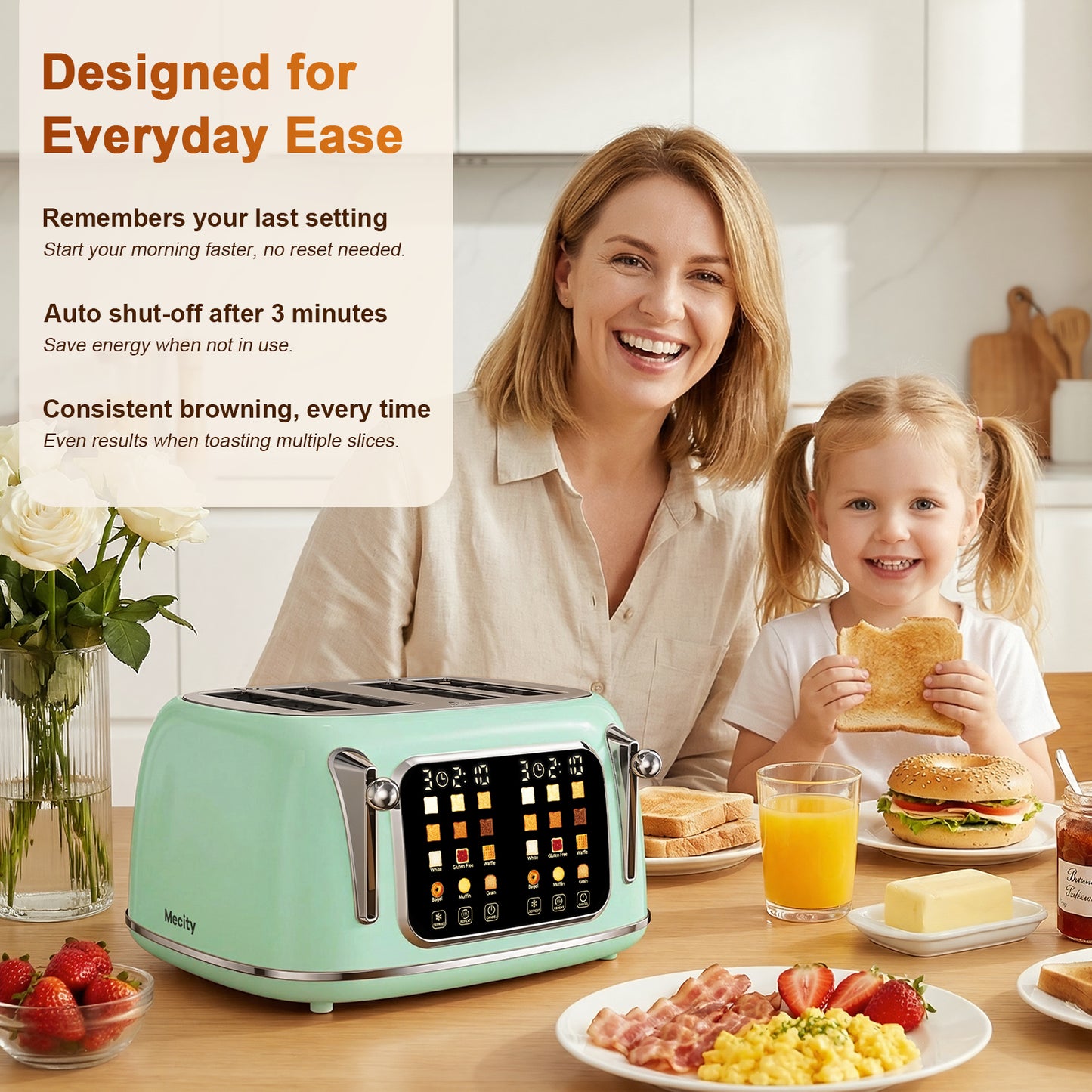 Mecity 4-Slice Touchscreen Toaster, Retro Stainless Steel Wide Slots Toaster, 6 Browning Settings, Large Digital Display, 120V 1650W, Light Green