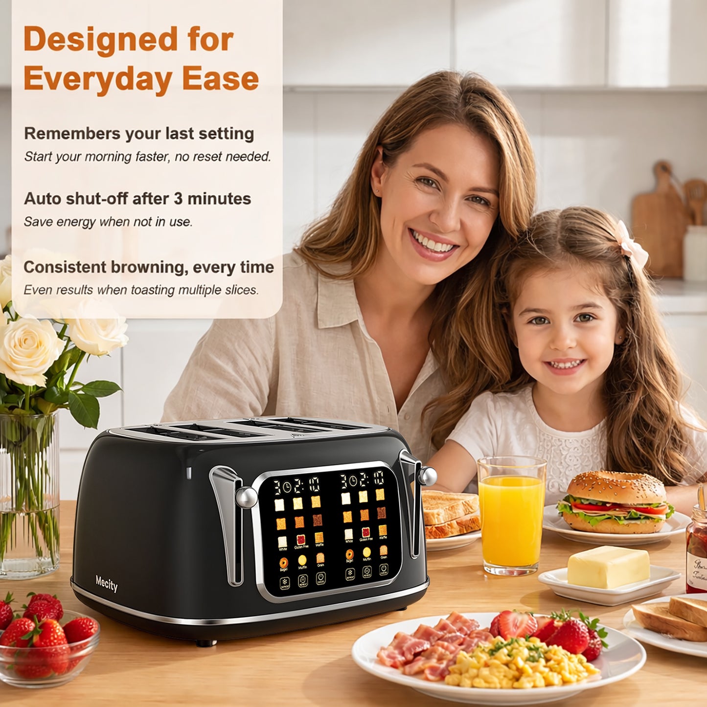 Mecity 4-Slice Touchscreen Toaster, Retro Stainless Steel Wide Slots Toaster, 6 Browning Settings, Large Digital Display, 120V 1650W, Black