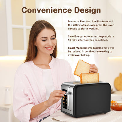 Mecity 2-Slice Touchscreen Toaster, Stainless Steel, Countdown Timer, 6 Shade Settings, Wide Slots, Reheat/Defrost/Cancel Functions, Removable Crumb Tray, Matte Black