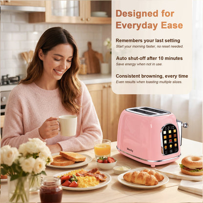 Mecity Smart Touch Screen Toaster 2 Slice, Retro Wide Slot Stainless Steel Toaster with 6 Browning Levels, Reheat & Defrost, for Bagel, Toast, Bread, Removable Crumb Tray, Pink