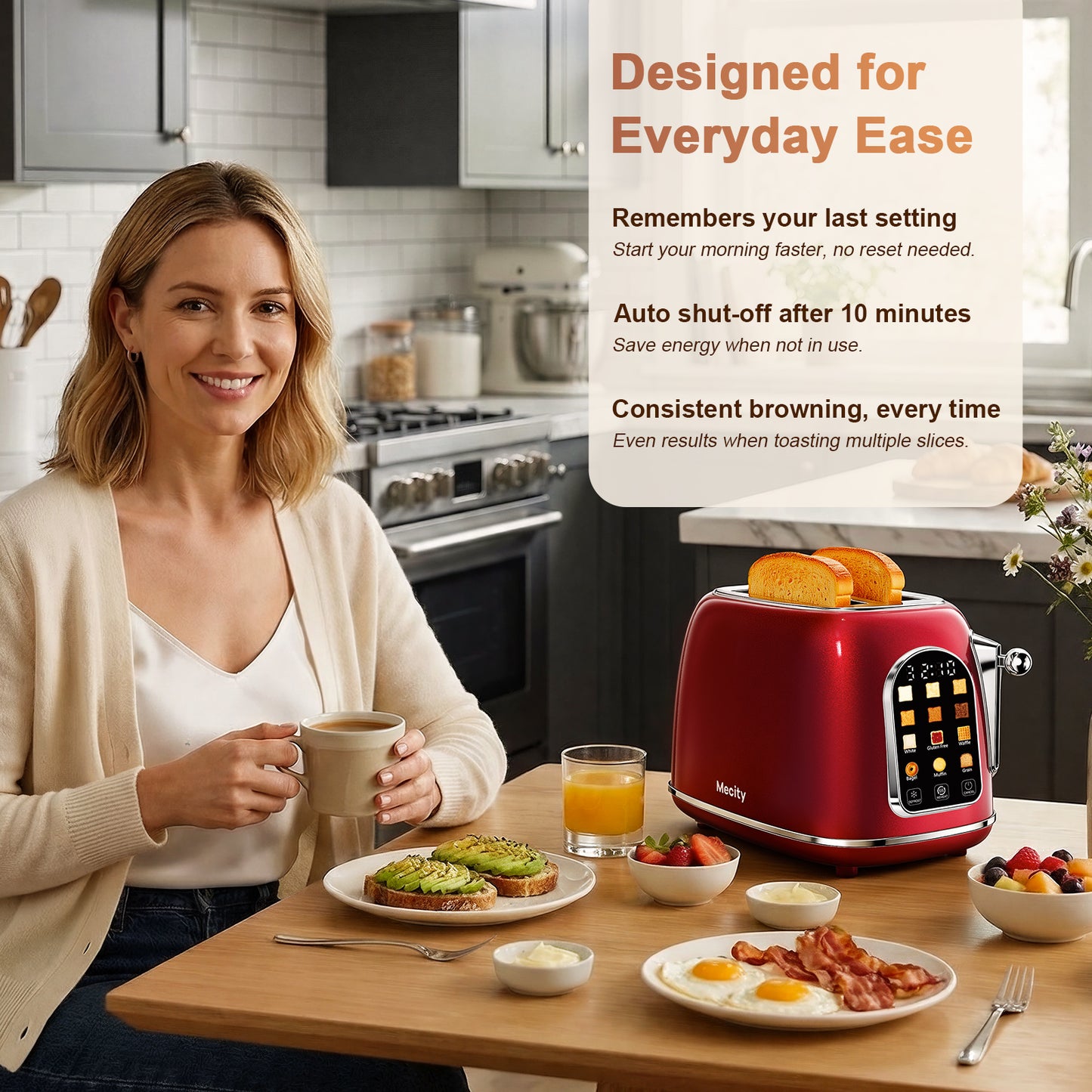 Mecity Toaster 2 Slice, Touch Screen Wide Slot Retro Toaster For Breads Bagel Muffin Waffle, House Warming Gift New Home, 120V 825W, Red