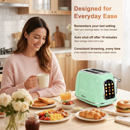 Mecity Smart Touch Screen Toaster 2 Slice, Retro Wide Slot Stainless Steel Toaster with 6 Browning Levels, Reheat & Defrost, for Bagel, Toast, Bread, Removable Crumb Tray, Green