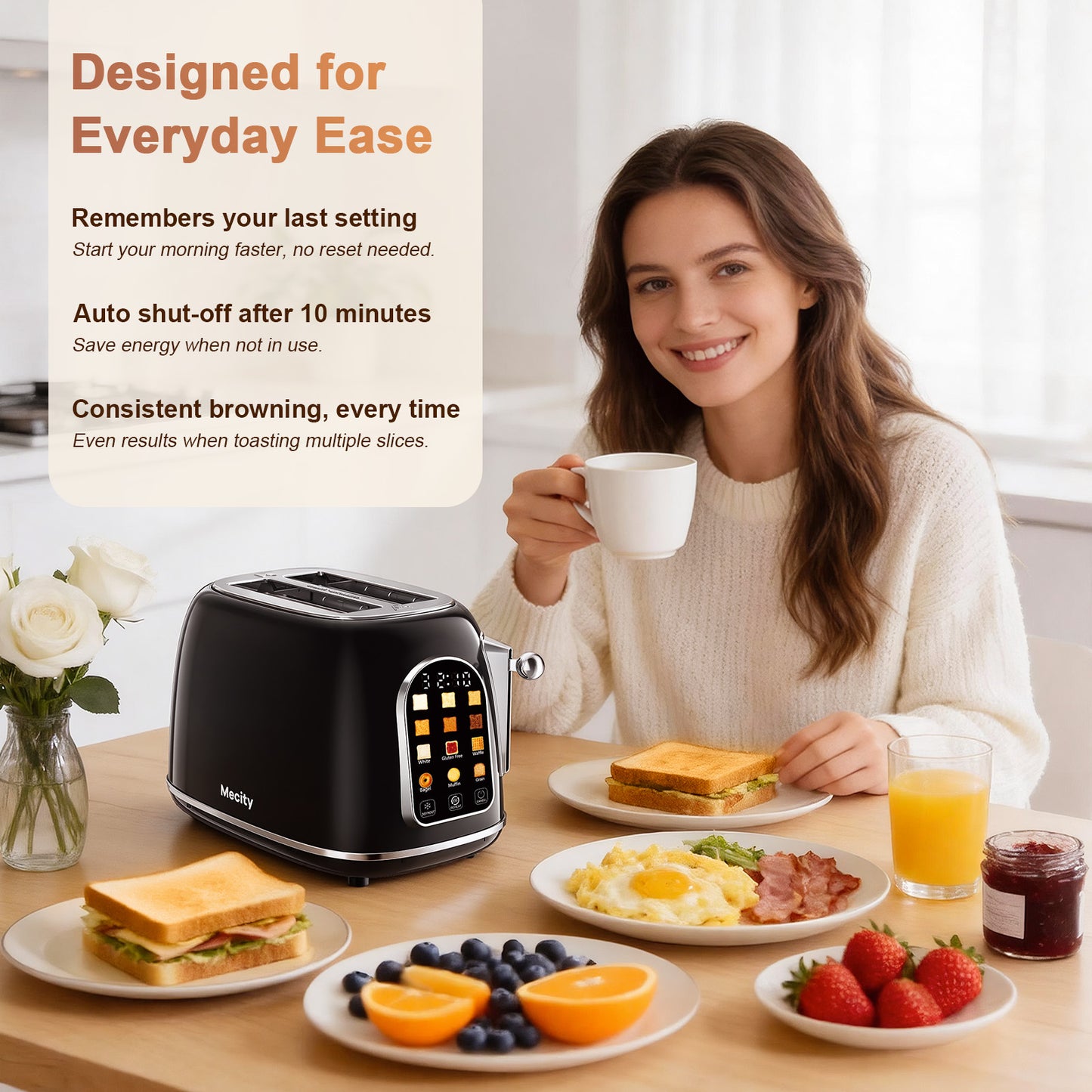 Mecity Toaster 2 Slice, Touch Screen Wide Slot Retro Toaster For Breads Bagel Muffin Waffle, House Warming Gift New Home, 120V 825W, Jet Black