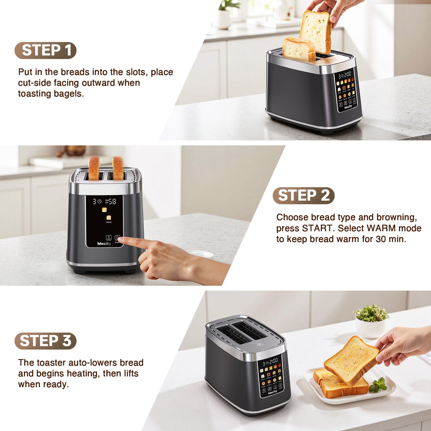 Mecity Touch Screen Toaster with Automatic Lift & Keep Warm – 2 Slice Smart Toaster, 5 Browning Levels, 8 Bread Programs, Luxury Stainless Steel Design, 1200W, Metallic Grey