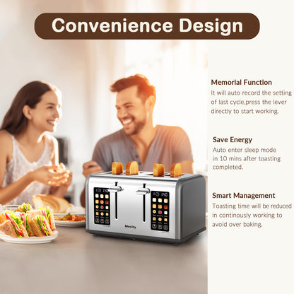 Mecity 4-Slice Touchscreen Toaster, Stainless Steel, Countdown Timer, 6 Browning & Shade Settings, 4 Wide Slots, Reheat/Cancel/Defrost Functions, Removable Crumb Tray, Gray