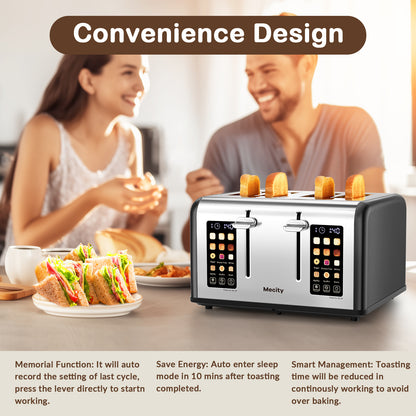 Mecity 4 Slice Toaster with Touch Screen Control, 4 Wide Slots, Stainless Steel Smart Bread Toaster for Bagels, Muffins, Waffles, Dual Control Panel, Timer, Defrost, Reheat, 120V 1650W, Matt Black