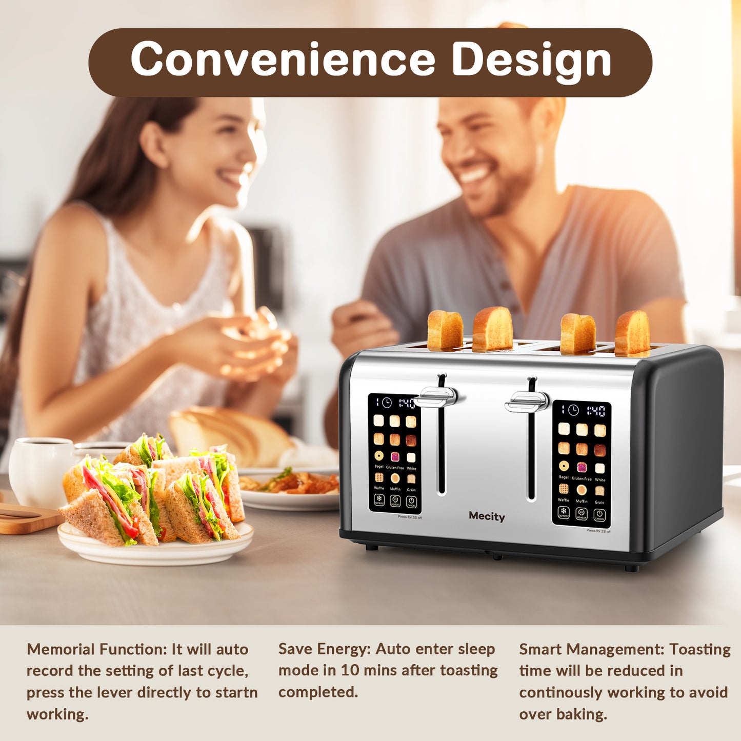 Mecity 4-Slice Touchscreen Toaster, Stainless Steel, Countdown Timer, 6 Browning & Shade Settings, 4 Wide Slots, Reheat/Cancel/Defrost Functions, Removable Crumb Tray, Matte Black