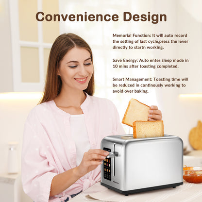 Mecity Touchscreen Toaster 2 Slice with Countdown Timer, Stainless Steel Bread Toaster, 6 Browning & 6 Shade Settings, 2 Wide Slots Toaster with Reheat, Cancel, Defrost Functions, Removable Tray